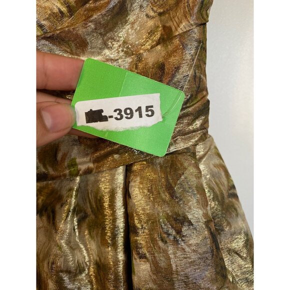 Handmade Gold & Brown Fern Print Dress W/ Crystal-Like Belt Buckle Spaghetti Str - Picture 7 of 8